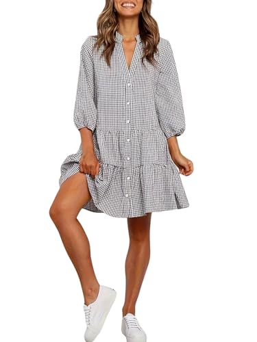 utcoco Women's 2025 Spring Summer Plaid Shirt Dress 3/4 Puff Sleeve Button Down Loose Casual Midi Dress with Pockets
