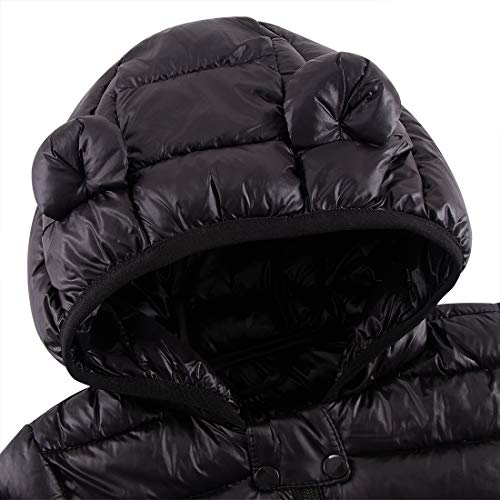 Baby Boys & Girls Down Alternative Winter Warm Hoodie Jacket Coats Cute Black Padded Light Puffer Jacket Coat for Snow Rain or Cold Weather 2-3 Years Old