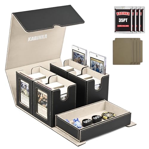 Card Deck Box with Commander Display, 5 in 1 Trading Card Storage Box Fit 400 Double-sleeved Cards, Card Deck Case for TCG/Sports Cards with 4 Magnetic Card Holders-Global Patented Design(Black Gold)