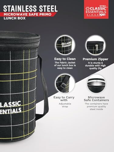 Image of CLASSIC ESSENTIALS Lunch Box, Microwave Safe & Leak Proof, 3 Inside Steel Containers with BPA Free Lids (250ml, 400ml & 600ml), Insulated Fabric Bag (Black)