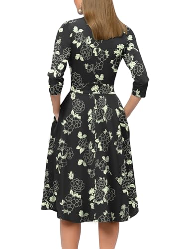 Image of Simple Flavor Women's Floral Vintage Dress Elegant Midi Evening Dress 3 /4 Sleeves