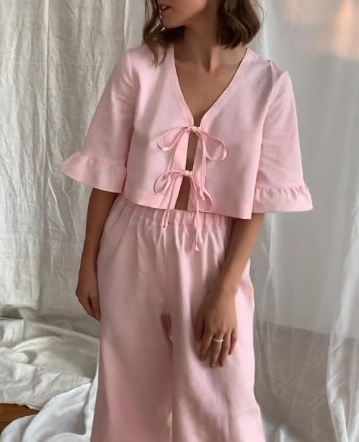 Image of Argeousgor Women Plaid 2 Piece Pajama Set Button Down Puff Sleeve Babydoll Shirt Gingham Pants Pj Lounge Set Sleepwear