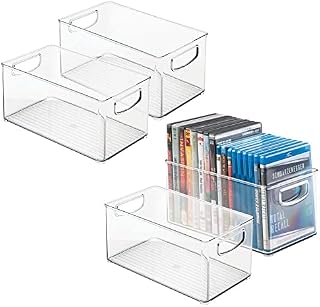 mDesign Zestaw 4 pudełek Przechowywanie płyt CD Długie otwarte plastikowe opakowania na płyty CD Pudełka na płyty CD, Blu-Ray, konsole do gier i nie tylko 4-pack Przezroczysty