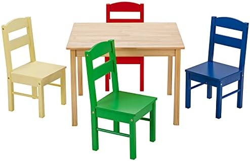 GYMAX Kids Table with 4 Chairs, 5-Piece Children Desk & Chair Set, Wooden Toddler Activity Furniture for Playing Learning Eating