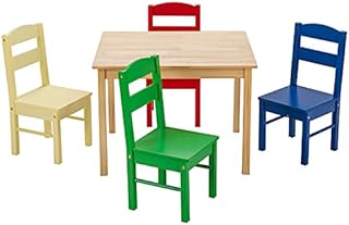GYMAX Kids Table with 4 Chairs, 5-Piece Children Desk & Chair Set, Wooden Toddler Activity Furniture for Playing Learning Eating