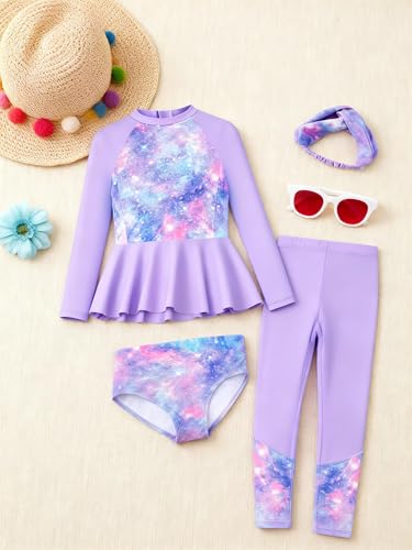 Image of GRACE KARIN Girls Long Sleeve Swimsuit Mermaid Bathing Suit Rash Guard Swimwear 4 Piece Size 5-12