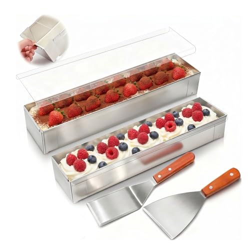 iziusy 2 Pcs Tiramisu Pan Stainless Steel Rectangle Cake Pan Set with Acrylic Lid and 2 Metal Spatula- Nonstick Baking Mold for Cheesecake Mousse & Desserts
