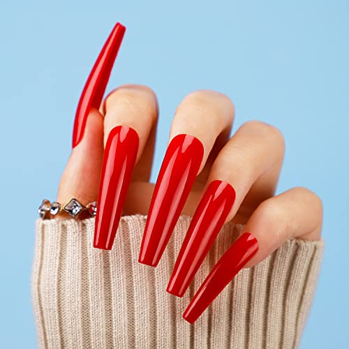 Press On Nails, Bettycora Glue On Nails Extra Long Xxxl Coffin Press On Nails Fake Nails Stick On Nails With Nail Glue Nail Adhesive Tabs Acrylic False Nail Tips Kit 12 Sizes, Rose Red #TOP3