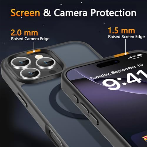 Image of LATVIN for iPhone 16 Pro Max Case, Magnetic Phone Cover, Compatible with MagSafe, Military Grade Protection, Translucent Matte Frosted Back, Black