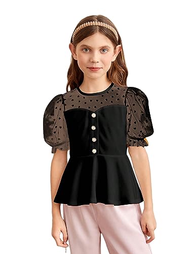 WDIRARA Girl's Sheer Mesh Short Puff Sleeve Blouse Heart Print Cute Ruffle Peplum Top