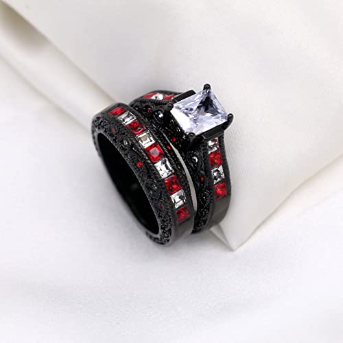 Bridal Sets Black Gold Plated Princess Cut Claer and Red Cz 2pcs Womens Wedding Ring Sets Engagement Ring3