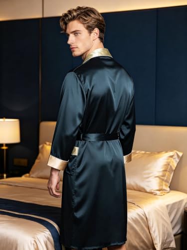 Image of Men's 100% Mulberry Silk Long Robe Kimono Paisley Print Bath Robe, Heavy Silk 19 Momme Dressing Gown