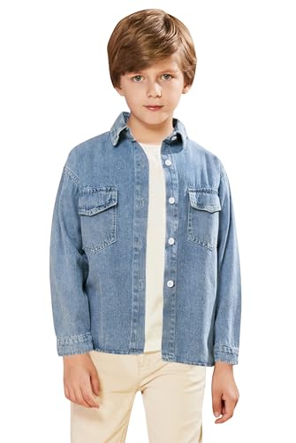 SOLOCOTE Camisa de Mezclilla con Botones para Niño de Manga Larga con Cuello de Solapa Blusa Ligera y Casual Azul 9 años