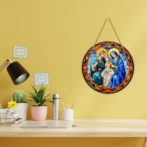 Image of Printality Stained Glass Style Christian Wall Hanging | Round MDF Plaque with Glossy Finish & Golden Zardosi String | Religious Wall Art | Jesus, Mary & Angels Design | Faith Home Decor (Design 2)
