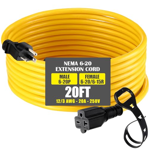 Cable de extensión Nema 6-20 de 20 pies con enchufe macho 6-20p a hembra de hoja en T de 20A