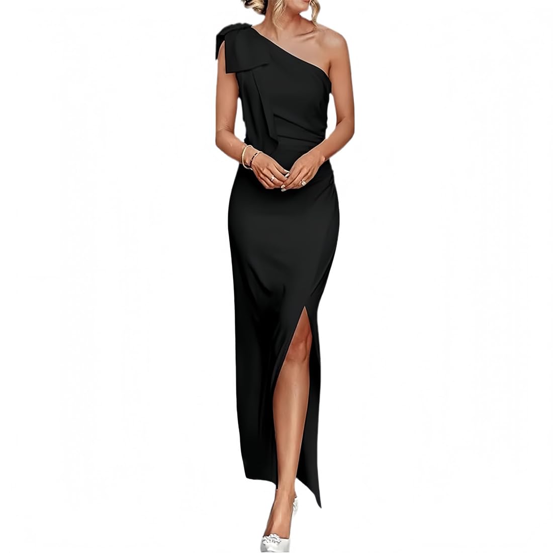 Luckywaqng Avondjurk voor dames, sexy, schoudervrij, effen, cocktailjurk, lang, elegant, slimfit, volant-jurk, mouwloos, hoge taille, met split, baljurk, ruches, zoom, partyjurk, wikkeljurk