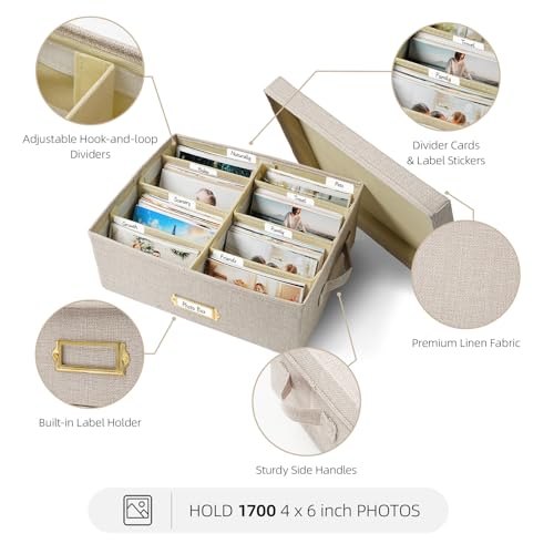 Hiwhy Linen Photo Storage Box with Adjustable Hook and Loop Dividers, Holds 1700 4"x6" Photos, Collapsible Picture Organizer with Handle and Label Stickers, Memory Keepsake Box for Women, Beige by Hiwhy - Used condition - Image 6