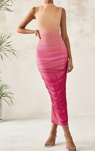 PRETTYGARDEN Women's Summer Maxi Floral Dresses Ruched Bodycon Sleeveless Mesh Formal Wedding Guest Cocktail Split Long Dress
