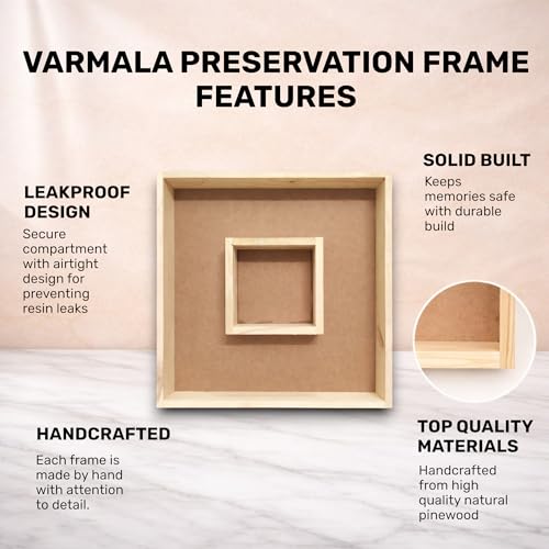 Image of Varmala Preservation Frame with Photo Compartment | Wedding Garland Keepsake Frame | Leakproof Resin Art Display | Premium Quality Gift for Couples & Anniversary (Square, Pinewood, 12x12 Inch)
