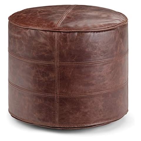 SIMPLIHOME Connor Round Pouf in Distressed Brown Leather Cover