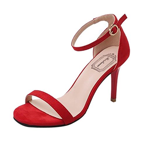 Mujer Tacón Alto Sandalias Tobillo Strappy Zapatos Elegante Primavera Verano Punta Abierta Stiletto Sandalias Hebilla Noche Paseo Boda Fiesta Pumps Rojo 35 Juleya