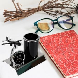 ZAHEPA Aeroplane Miniature Metal Pen Stand with Clock, Stylish Desk Organizer, Pencil Holder, Elegant Corporate Gift Set, Durable Decorative Showpiece for Office, Doctors, Lawyers (Black)