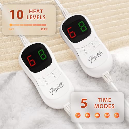 Image of Homemate Electric Heated Blanket Queen Size - 84 inchx90 inch Heating Blanket Queen Size Dual Control 1 /2 /4 /6 /8 Hours Auto-Off 10 Heat Level Over-Heat Protection Soft Flannel Sherpa ETL Certification