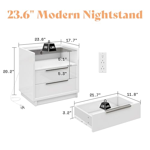 Image of AMERLIFE High Gloss Dresser Set, 3 Piece Bedroom Furniture Set, 8 Drawer Dresser with LED Light & 2 Nightstands with Charging Station, Modern UV Finish, Bedroom Storage Organizer, White