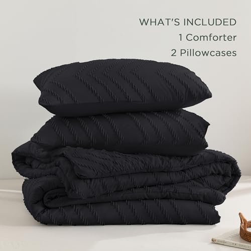 Image of Andency Black Comforter Queen, Boho Soft Fluffy Warm Lightweight Bedding Comforter Sets for Queen Bed, 3 Pieces Chevron Tufted Aesthetic Microfiber Lightweight Comforter Set