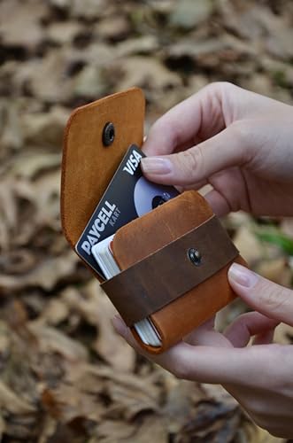 Single Snap Genuine Leather Minimal Card Holder, Male and Female Card Holder, Small Business Card Holder, Minimal Wallet, Gift Item (camel)3