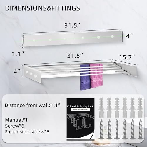 Laundry Drying Rack Collapsible, Wall Mounted, Clothes Drying Rack, 31.5" Wide, 15.7" Linear Ft, 5 Aluminum Rods, 45 lb Capacity, with Wall Template, Screwdriver Bit (White-31.5") by Sepezz - Image 3