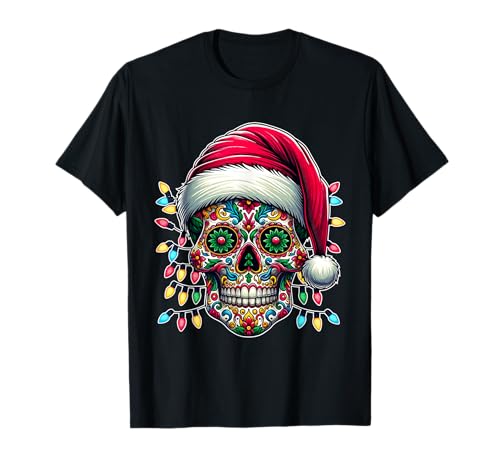 Weihnachten Sugar Skull Santa Hat Lights Day Of The Dead X-Mas T-Shirt