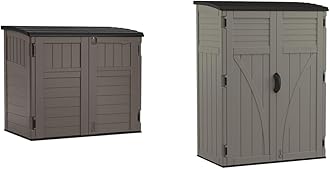 Suncast Modernist 4' x 2.5' Lockable Outdoor Garden Resin Low Profile Horizontal Storage Shed with 3 Doors, 34 Cubic Feet, Gray & 54 cu. ft Resin Vertical Lockable Storage Shed, Stoney, BMS5700SB