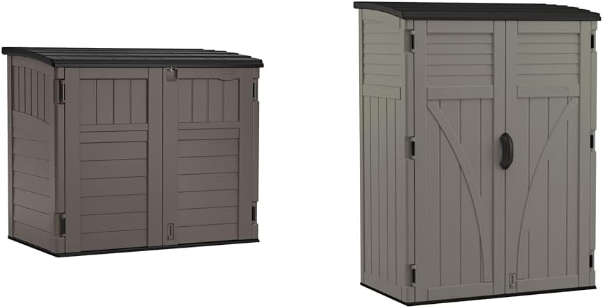 Suncast Modernist 4' x 2.5' Lockable Outdoor Garden Resin Low Profile Horizontal Storage Shed with 3 Doors, 34 Cubic Feet, Gray & 54 cu. ft Resin Vertical Lockable Storage Shed, Stoney, BMS5700SB
