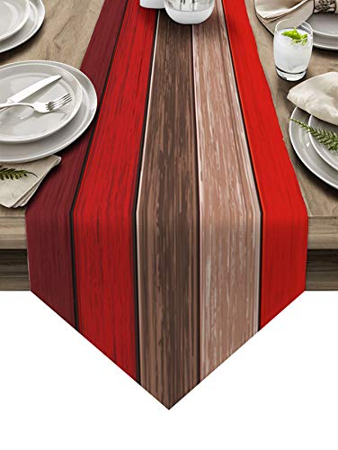 Familydecor Burlap Linen Rustic Table Runners 13X70 Inches Long, Retro Barn Wood Brown Red Table Runner Farmhouse Style For Coffee Table, Holiday Parties, Wedding, Events Dinner, Home Decor #TOP9
