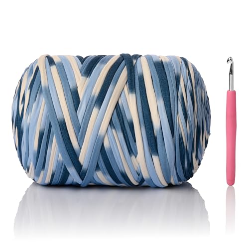 Image of 800G(228YDS) Tshirt Yarn for Crocheting,Chunky T-Shirt Yarn for Beginner Crochet Bags,Baskets,Coasters,Shoes,Clothes,DIY Crafts, Elastic Fabric Thick Hand Knitting (Blue-White)