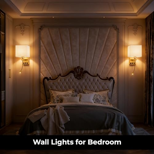 Image of Wall Sconces, Hardwired Wall Lamp with USB Port White Fabric Shade Bedside Wall Lights with Reading Lamp for Bedroom Living Room Hotels and Office (Gold)