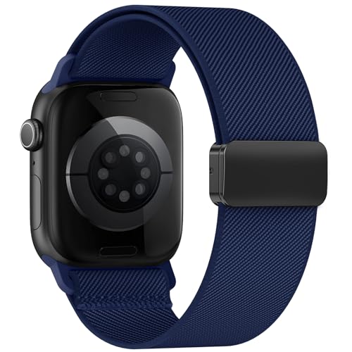 Image of Stretchy Band Compatible with Apple Watch Bands 40mm 38mm 41mm 42mm 44mm 45mm 46mm 49mm Women Men,Strong Magnetic Clasp Elastic Sport Strap for iWatch Series 11 10 9 8 7 6 5 4 3 2 1 Ultra SE /Navy Blue