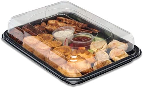 Deli Supplies Pack of 25 Small Rectangle Food, Cake, Sandwich Platter Tray Set, Black Tray Base with Clear Lid Durable Buffet Catering Food Sandwich Trays (L340mm x W250mm X D70mm with Lids)