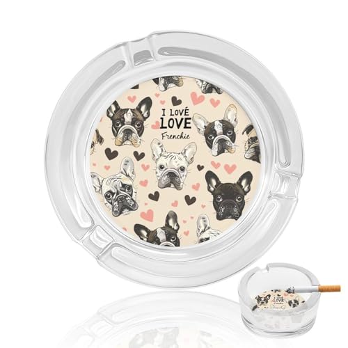 Cendrier en verre bouledogue français - 3, cendrier rond en cristal pour cigarettes, petit cendrier en verre portable, cendrier moderne décoratif pour patio, maison, bureau, intérieur/extérieur, style