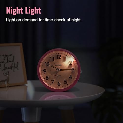 Image of Lamisola 4 Inch Alarm Clock for Bedrooms, Small Analog Desk Clock, Pink | Battery Operated Bedside Clock for Bedroom Bathroom Home Nightstand Shelf, Night Light Snooze, Minimalist Clocks for Seniors