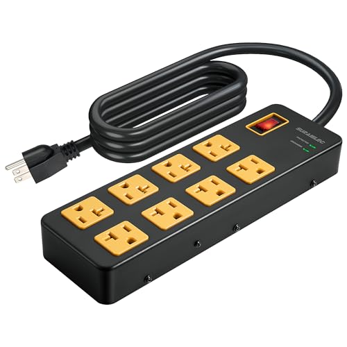 SURAIELEC Heavy Duty Surge Protector Power Strip 20Amp 1960 Joules 5-15P Plug 6-20R T-Slot Industrial Metal Power Strip with 6FT 12 Gauge Extension Cord for Workshop Garage Kitchen