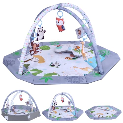 Zaxiva Gimnasio Bebe, Alfombra Juegos Bebe 0-6-9-12 Meses, Con Cojín para Tiempo Boca Abajo, 5 Juguetes Sensoriales Desmontables, Lavable y Suave Manta o Tapete Actividades Bebe para Recién Nacidos