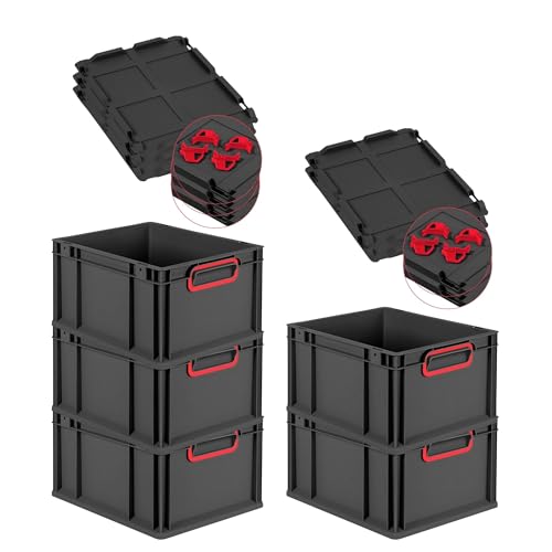 PROREGAL SparSet 5x Eurobox NextGen Color mit Auflagedeckel & Schiebeschnappverschlüsse HxBxT 22x30x40cm 20L Schwarz Griffe rot geschlossen Eurobehälter Transportbox Transportbehälter
