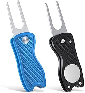 Vibit Foldable Golf Divot Repair Tool with Magnetic Ball Marker and Pop-up Button Green Tool Accessories with Metal Fork Tine and Plastic Handle for Golfers, 2 Pack