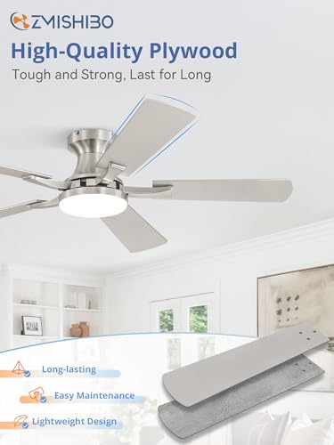 Image of ZMISHIBO 42 Inch Ceiling Fan with Light, App&Remote Control, Flush Mount Low Profile, Dimmable 20W LED Light, Quiet Reversible Motor for Bedroom, Living Room, Apartment, Nickel
