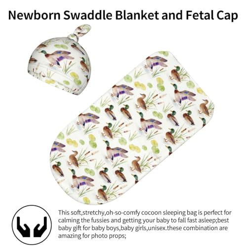 Image of Lcokin Mallard Duck Baby Stuff Swaddle Blanket Hat Set, Newborn Receiving Blanket Shower Gift for Boys Girls