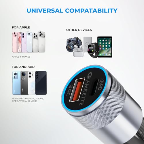 Image of MOZEN by Amkette PowerPro 52W Car Charger Type C+USB A Dual Port Car Charger Socket, Fast Charging, Metallic shell with ABS Build, Safety Protections, Multi-Device Compatible - Mobiles, Tablets & More
