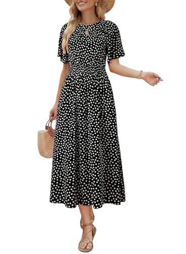 Dokotoo Polka Dot Dress for Women Casual Summer Flutter Short Sleeve A line Flowy Elegant Vintage Modest Smocked Empire Waist Wedding Guest Graduation Dress Midi Dresses for Women Black Dresses Small