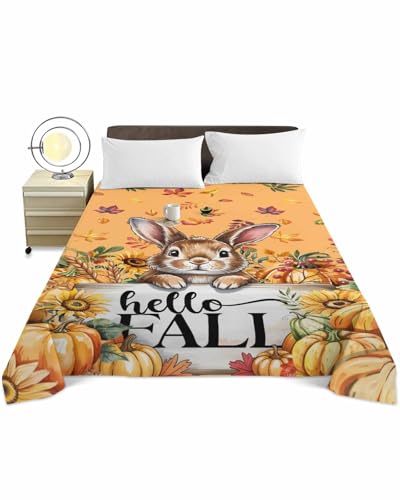 Queen Size Flat Sheet Only, Fall Rabbit Thanksgiving Pumpkin Bed Top Sheet Soft Microfiber Breathable Bedding Flat Sheets, Orange Maple Leaf Top Sheets Hotel Luxury